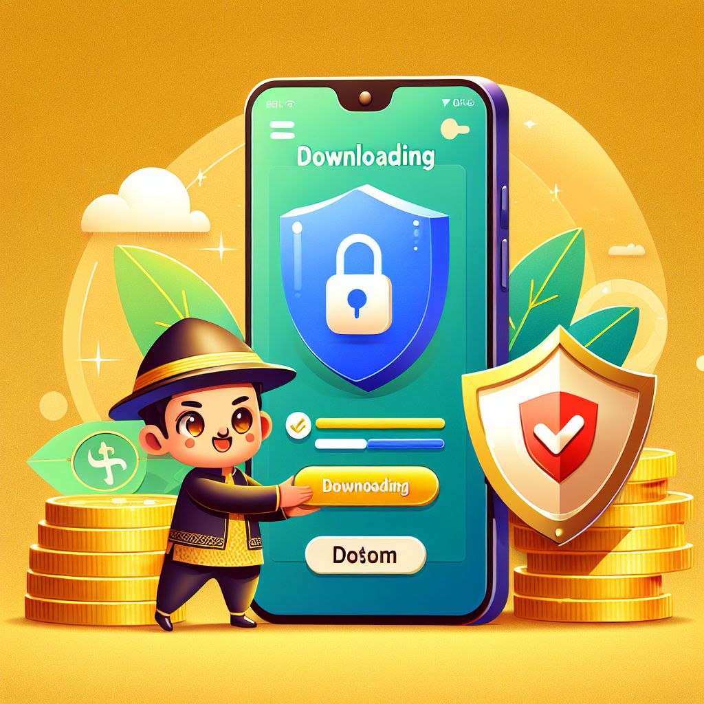 BGD44 cartoon character holding a smartphone with app icons and coins