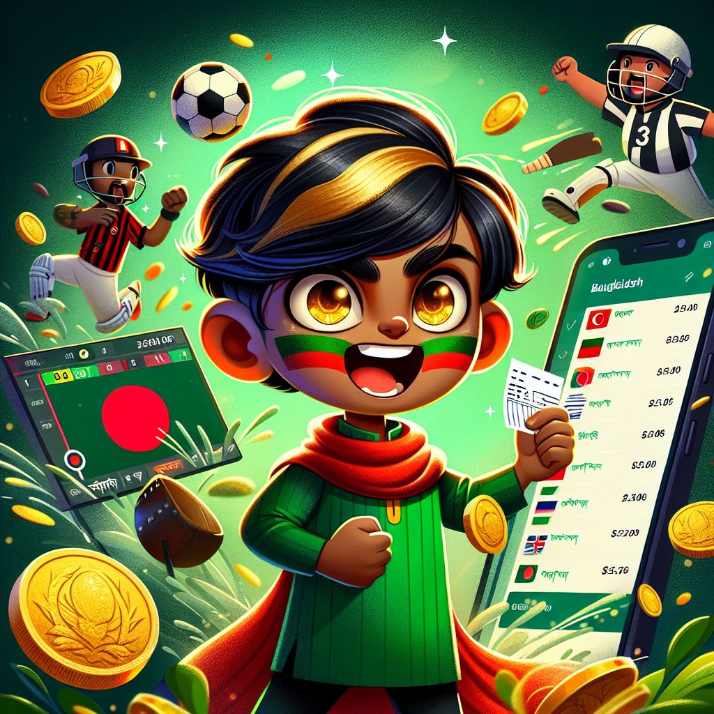 BGD44 bet themed cartoon characters with a sports scoreboard and coins
