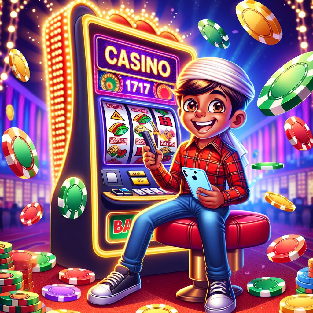 BGD44 casino cartoon character holding chips and a phone with slot reels