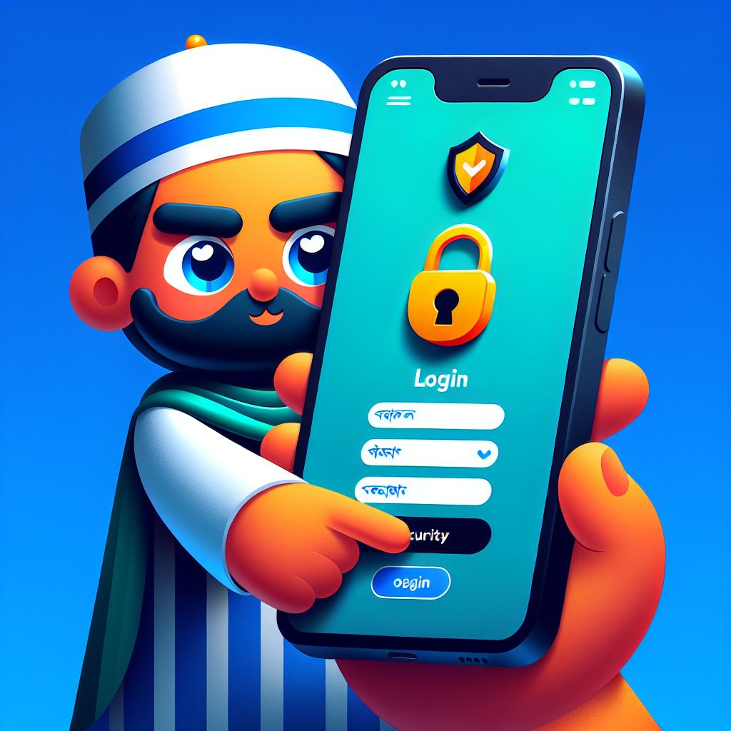 BGD44 themed cartoon character holding a phone with a login screen and security shield icons