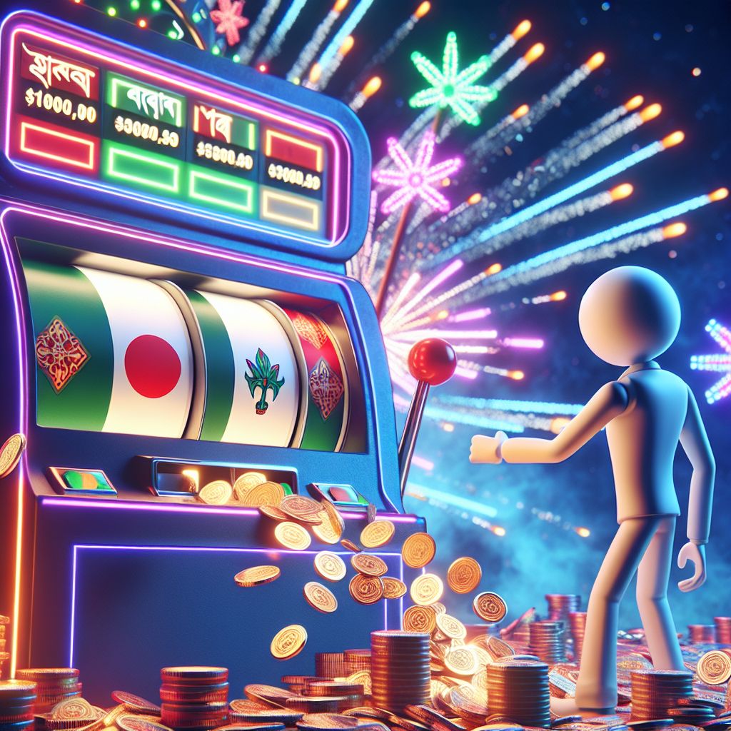 BGD44 themed cartoon character celebrating a slot win with coins and reels